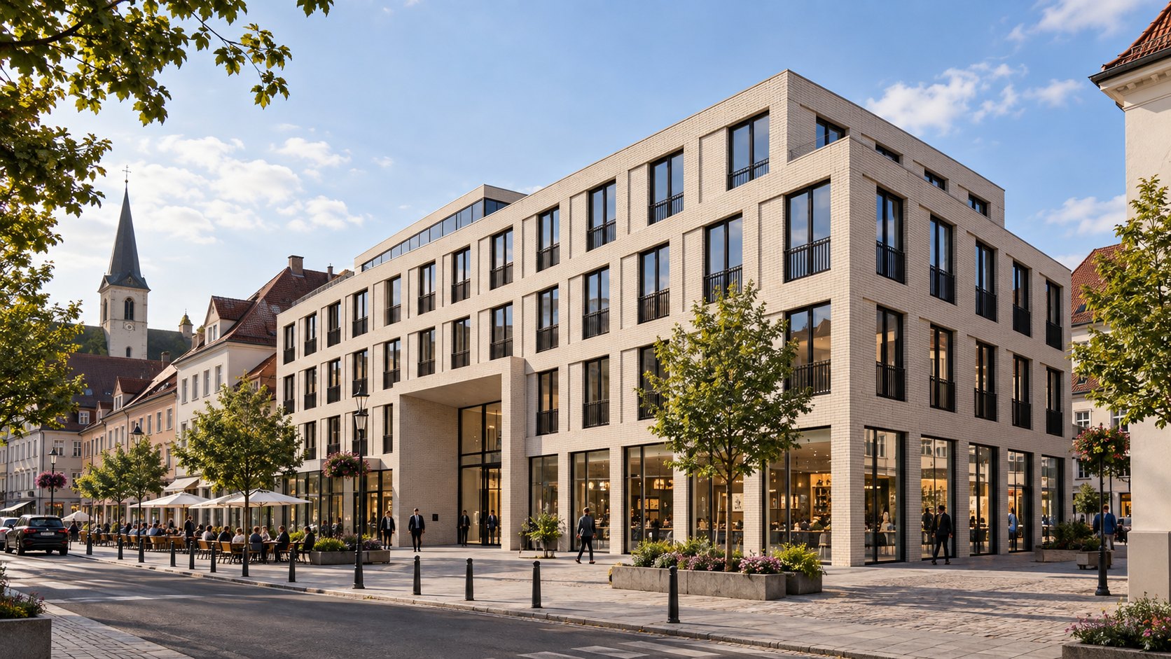 Moderner heller Klinkerbau mit großen Glasfronten an einem belebten Platz in der Altstadt