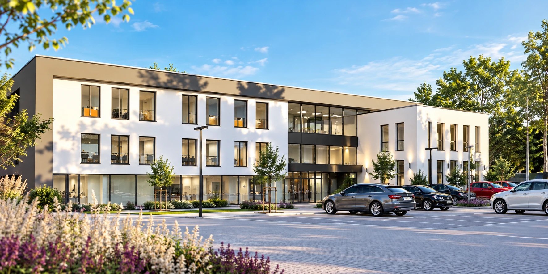 Niedersachsenpark Center: moderner, heller Bürobau mit Glasfronten und Parkplatz